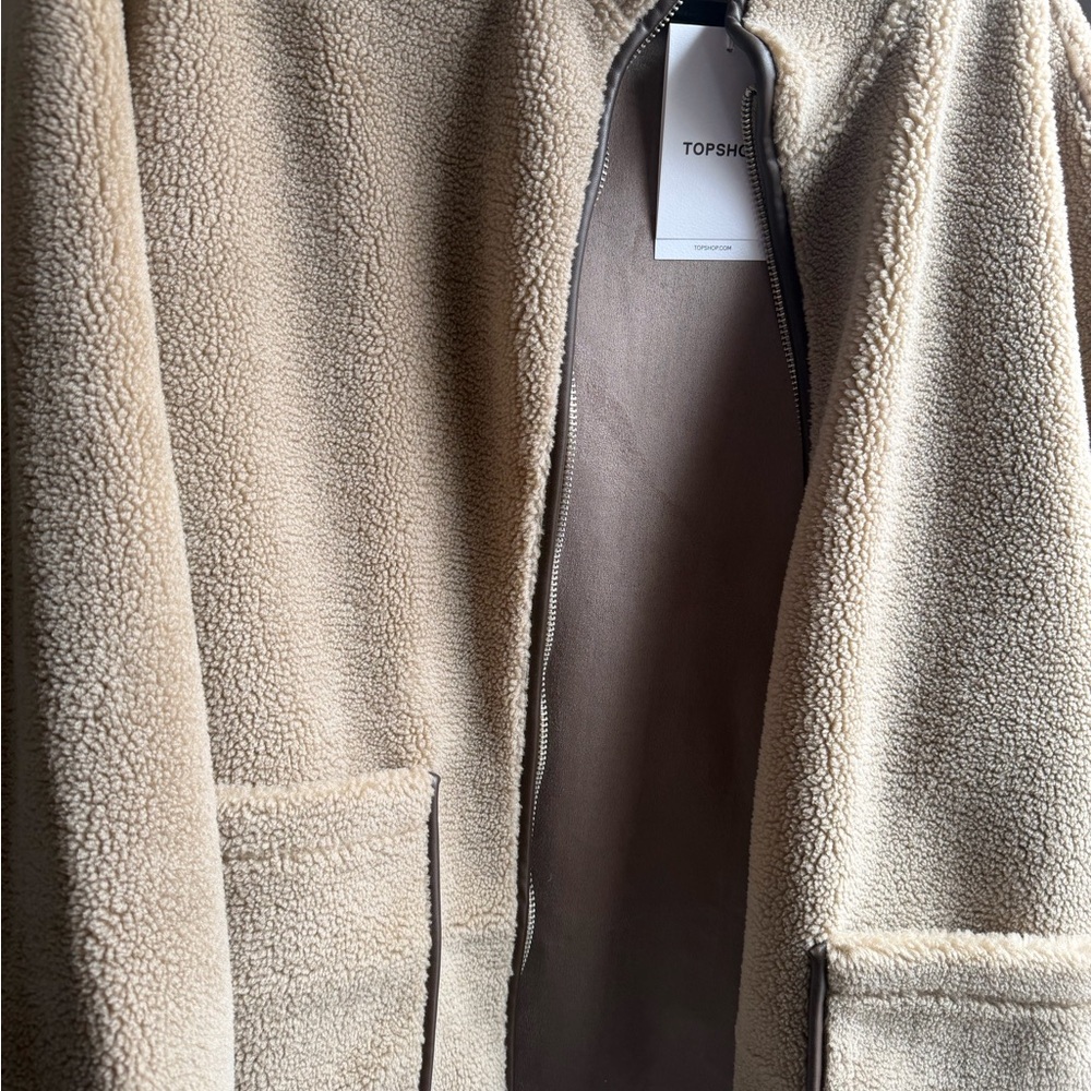 Topshop Taupe Sherpa Zip Coat with Contrast Trim - Picture 2 of 3